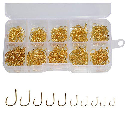 500pcs Small Fishing Hooks Black High Carbon Fishing Hooks Set 10 Sizes with a Plastic Box (500pcs Gold)