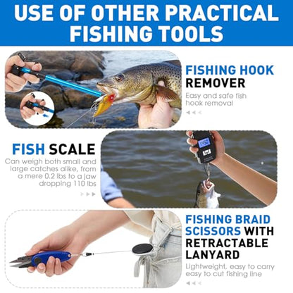 RoundFunny 10 Pcs Fishing Tool Kit, Fishing Pliers with Lanyard and Protective Sheaths, Landing Net, Fillet Knife, Fish Scale, Gripper, Hook Remover, Braid Scissors, Gloves for Men Dad Gift - color: Blue