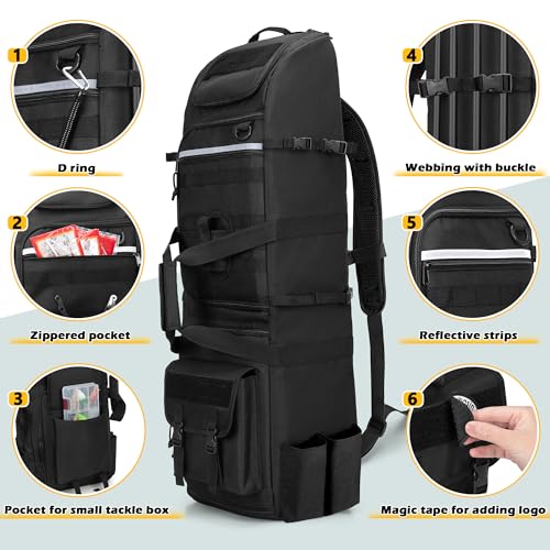Rexmica Fishing Backpack Holds 8 Rods & Reels, Fishing Tackle Bag with Compartment for Tackle Boxes, Fishing Gear or Equipment, Fishing Rod Case Backpack, Fishing Pole Bag with Tactical Molle System
