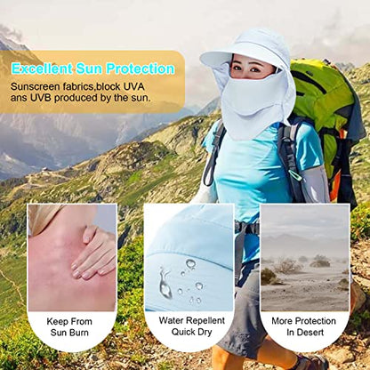 Women Wide Brim Face Mask Sun Hat Detachable Neck Face Flap Ponytail UV Protection Visor Hat Garden Fishing Hiking - color: A8-shun005-qianlan