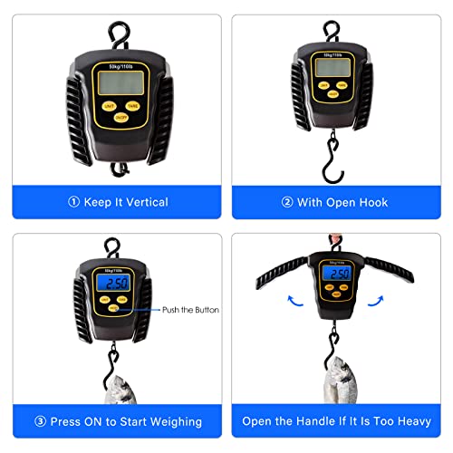 Fish Scale 110lbs/50kg Portable Hanging Fishing Weight Scale Digital Spring Balance Folding Handles Bag Weight Scale Waterproof Hanging Hook Scale with Back-lit LCD Display Fishing Gift for Men