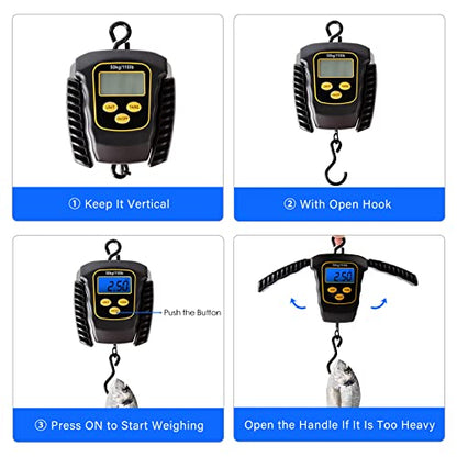 Fish Scale 110lbs/50kg Portable Hanging Fishing Weight Scale Digital Spring Balance Folding Handles Bag Weight Scale Waterproof Hanging Hook Scale with Back-lit LCD Display Fishing Gift for Men