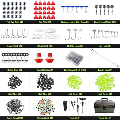 4 Layers Fishing Tackle Box, 605Pcs Fishing Gear Kit with Lures, Small Tool Kit Containing Gripper, Hook Remover, Plier, Accessories, Greeting Cards, Complete Fishing Box for Beginners, Adults
