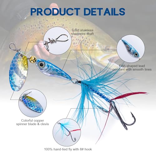 Goture Trout Lures Fishing Spinners,Rooster Bait Tail Bass Fishing Lures with Brass Spinner Blade Fish-Shaped Jig Heads for Freshwater Saltwater,Salmon Steelhead Trout Spinner Bait with Tackle Box - color: B:5pcs Trout Spinners