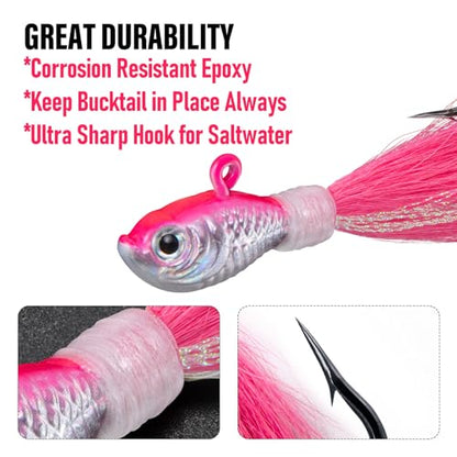 Dr.Fish 3 Pack Bucktail Jig Lure Hair Jig Saltwater Freshwater Lures Surf Fishing Bass Flounder Striper Bluefish Halibut Redfish - color: Pink, size: 2 oz