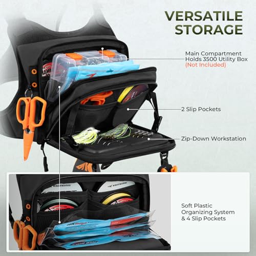 KastKing Bait Boss Water-Resistant Fishing Chest Pack With EVA Zip-Down Workstation, MOLLE Storage, Adjustable Chest Straps - color: A: Black