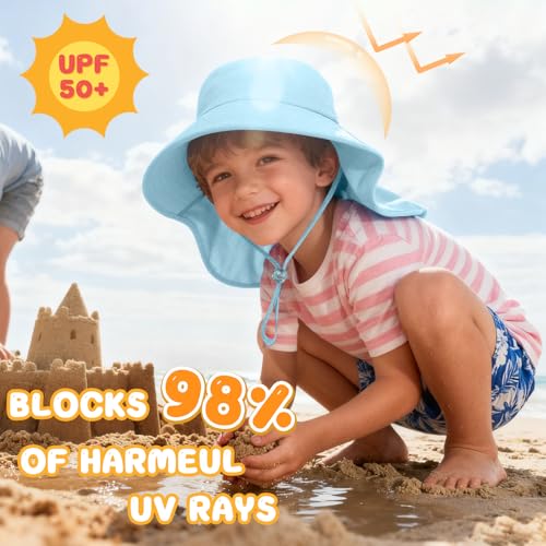 ZOORON Outdoor Kids Sun Hat with Neck Flap UPF 50+ Sun Protection Fishing Hat Wide Brim Summer Kids Beach Hats for Girls Boys - color: 1pack-light Blue