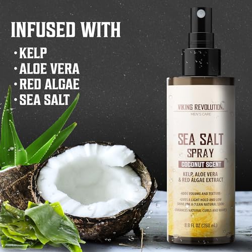 Viking Revolution Coconut Sea Salt Spray for Hair Men - Hair Texturizing Spray with Kelp, Aloe Vera & Red Algae Extract - Surf to Add Volume and Texture - Sea Salt for Men Beach - size: 8.8 Fl Oz (Pack of 1), style: Coconut Sea Salt Spray