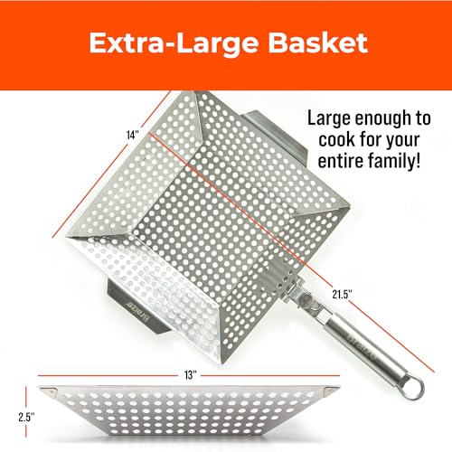 Heavy-Duty Stainless Steel Grill Basket – 12" x 13.75" Large BBQ Basket with Removable Handle – Durable Grilling Basket for Vegetables & Meat – Outdoor Cooking Accessory for Gas & Charcoal Grills - size: w/out Scrub Sponges