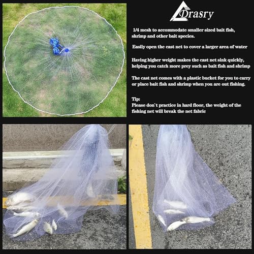 Drasry Saltwater Fishing Cast Net for Bait 3/8 1/4 or 1/2 with Heavy Sinkers Fish Trap Throw Net. Size 3ft/4ft/5ft/6ft/7ft/8ft/9ft/10ft Radius Freshwater Nets - size: 7FT (210cm) Radius, style: 1/4 Mesh Lead Sinkers-mono