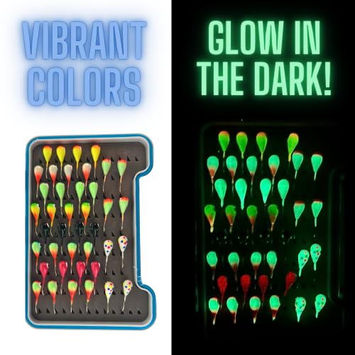 Reaction Tackle Tungsten Ice Fishing Jigs, Tear Drop Jig Heads that Glow with UV Light for Panfish, Crappie, Walleye, Perch, Trout and Bluegill - color: 50-pcs Variety Kit (+case), size: 3 mm