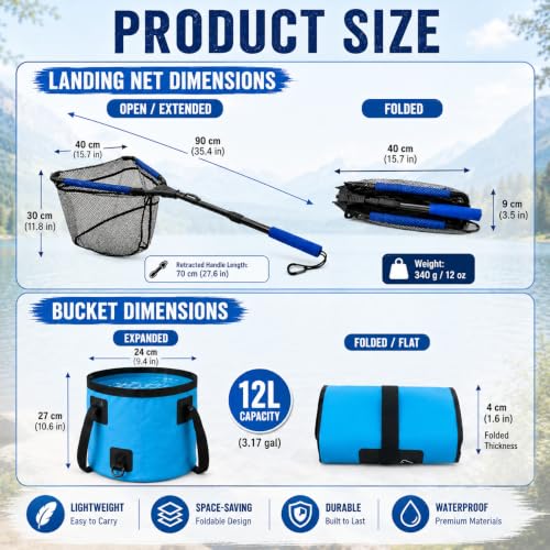 Foldable Fishing Landing Net and 12L Collapsible Water Bucket Set, Portable 2-in-1 Fishing Gear for Anglers, Extendable Anti-Tangle Fish Net with Folding Bucket for Shore, Dock, Boat and Camping