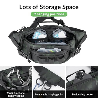 THKFISH Fishing Waist Pack, Fishing Tackle Bag Waterproof Fanny Pack for Women & Men Portable Sling Bag - color: Green Camo-REGULAR