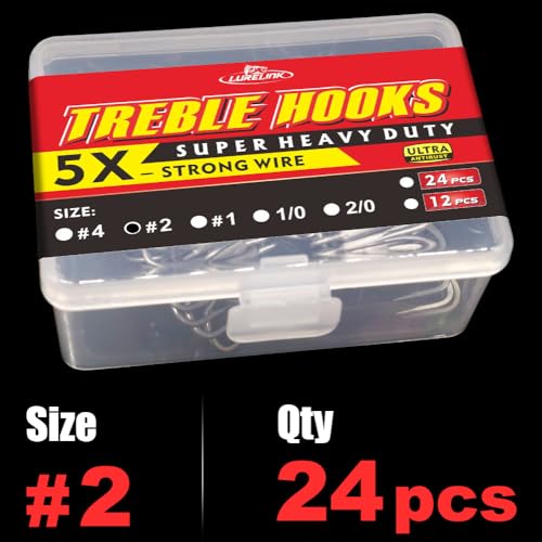 Fishing-Treble-Hooks-5X-Extra-Strong-Heavy-Duty Ultra Anti-Rust Bulk Hooks for Saltwater and Freshwater Fishing Sizes 5/0 to #8 - size: Size:2 24-Pack