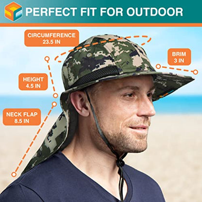 SUN CUBE UPF50+ Sun Hat for Men Women with Neck Flap, Wide Brim UV Protection Fishing Safari Hat for Hiking Beach Gardening - color: Green Camo