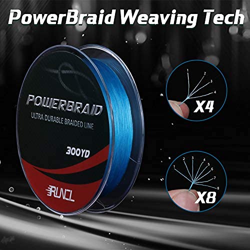 RUNCL PowerBraid Fishing Line 4/8/9 Strands, Braided Fishing Line 300/500/1000Yds - Seamless Weaving Tech, Enhanced Coating Tech, Zero Stretch, High Sensitivity, Smaller Diameter - Braid Line 15-115LB - color: Blue, size: 15LB-1000yds(4 Strands)