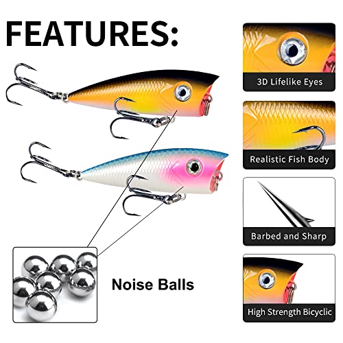 Popper Fishing Lures Topwater Fishing Baits Hard Baits 3D Eyes Swimbait Crankbait with Treble Hook for Bass Trout Freshwater Saltwater - color: 5pcs-2.36in/0.22oz
