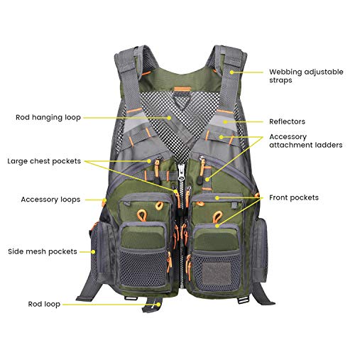 Gonex Fly Fishing Vest for Men Women, Comfortable Adjustable Fishing Vest with Multi-Pockets Reflective Stripes - color: Green+gray