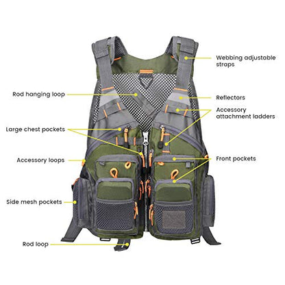 Gonex Fly Fishing Vest for Men Women, Comfortable Adjustable Fishing Vest with Multi-Pockets Reflective Stripes - color: Green+gray