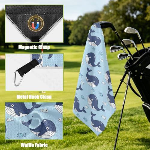 Cartoon Whales Fish Blue Pattern Magnetic Golf Towel for Golf Bags Microfiber Golf Essentials for Women Men with Carabiner Clip Attaches to Clubs and Carts, 17.7"x17.7"