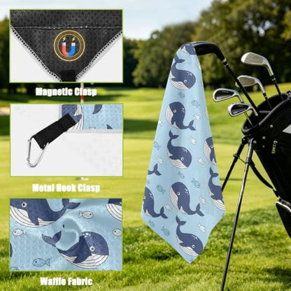 Cartoon Whales Fish Blue Pattern Magnetic Golf Towel for Golf Bags Microfiber Golf Essentials for Women Men with Carabiner Clip Attaches to Clubs and Carts, 17.7"x17.7"