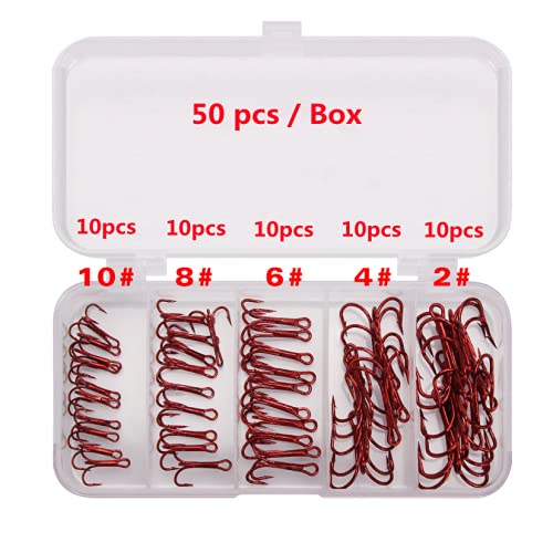 50pcs/Box Fishing Treble Hooks, High Carbon Steel Fishing Hooks Kit, Sharp & Round Bend Fishing Treble Hooks for Catfish Lures Baits Bass Fishing Accessories - color: Red Treble Hooks
