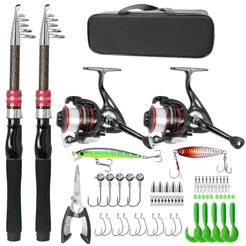 Carbon Fiber Fishing Pole Combo Set -2PACK 2.1m/6.89ft Spinning Reel, 57pcs Accessories Kit for Saltwater & Freshwater Fishing for Bass