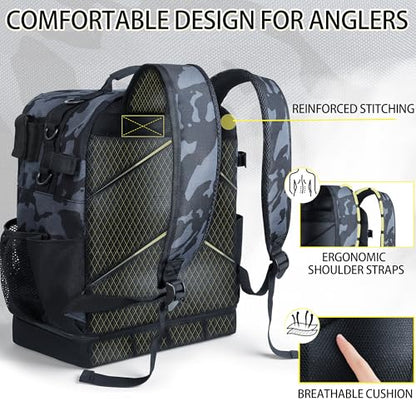 Fishing Tackle Backpack with Cooler,45L Large Tackle Bag with 2 Rod Holders & Clear Window,Outdoor Fishing Backpack for Fishing,Camping,Hiking,Camouflage Black - color: Camouflage Black