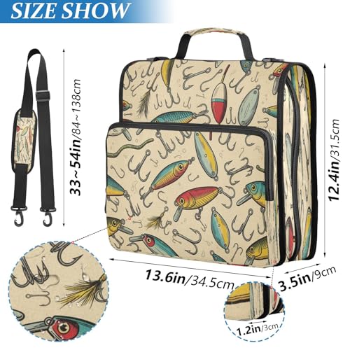 Fish Lures Hook Beige Vintage 3 Ring Zipper Binder with Strap 1.5 inch 500 Sheet Capacity File Folder Storage Organizer