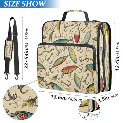Fish Lures Hook Beige Vintage 3 Ring Zipper Binder with Strap 1.5 inch 500 Sheet Capacity File Folder Storage Organizer