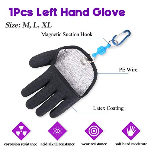 Swpeet 2Pcs Fishing Gear Set, Fisherman Professional Fishing Glove with Magnet Hooks Release and Fishing Pliers Cutters Split Ring Pliers Hook Remover Fish Holder Sheath Lanyard - color: Left, size: Medium