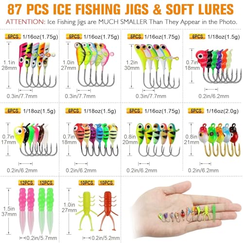 Dovesun Ice Fishing Jigs Kit Ice Fishing Lures Glow in The Dark Fishing Gear Lures 20-93Pcs Jig Head with Tackle Box for Panfish Walleye Crappie Perch Bluegil Trout - color: 87pcs