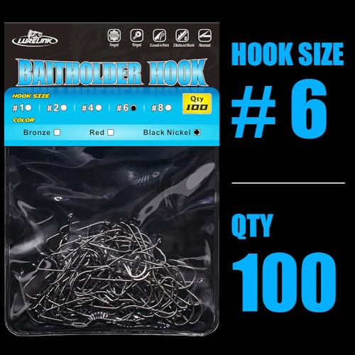 Baitholder Fishing Hooks 100 Pack - Double-Barbed Long Shank for Bluegill Bass Trout Walleye Black/Red, 8/0-#8 - color: 2-Black, size: Size:6 100-Pack