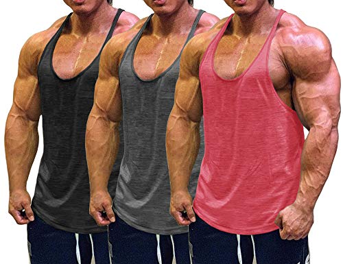 Muscle Cmdr Men's Bodybuilding Stringer Tank Tops Y-Back Gym Fitness Workout Training Running T-Shirts Athletic Quick Dry Top - color: 3-pack:black/Gray/Pink, size: Small