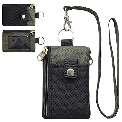 CHENSPRX Minimalist RFID Blocking Small Wallet with ID Window,WaterResistant Zip Id Case Wallet with Lanyard Keychain for Cards,Cash,Travel,Women,Men - color: Black+Army Green