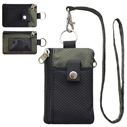 CHENSPRX Minimalist RFID Blocking Small Wallet with ID Window,WaterResistant Zip Id Case Wallet with Lanyard Keychain for Cards,Cash,Travel,Women,Men - color: Black+Army Green