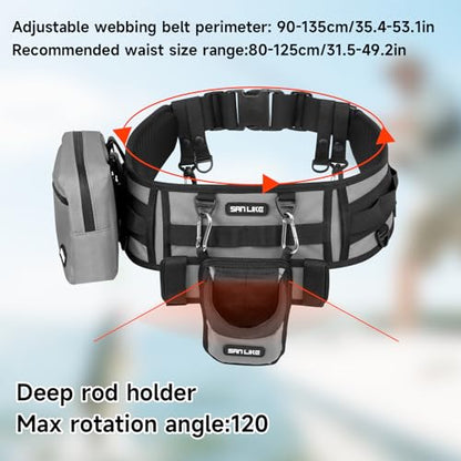 SANLIKE Adjustable Wading Fishing Belt Multi-Pocket Waist Rod Holder Tackle | 35–53in adjustable waist strap, soft mesh padding cuts fatigue, saltproof thick webbing, multi hooks for tackle mounting - color: Grey T1