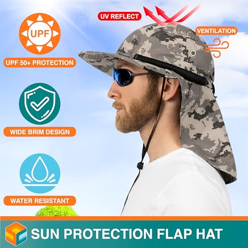 SUN CUBE UPF50+ Sun Hat for Men Women with Neck Flap, Wide Brim UV Protection Fishing Safari Hat for Hiking Beach Gardening - color: Gray Camo