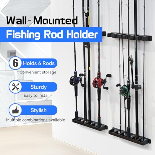 2 Packs Fishing Rod Holder for Garage Vertical Wall-Mounted Stores 12 Rods or Combos Fits Most Rod Diameters (Vertical Black, 2 Pair 12 Rods) - color: Black 2 pairs