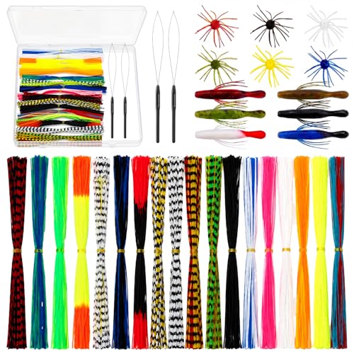 Thiccywoov 18 Silicone Skirt Legs Material for Fly Tying, 2 Pack Skirt Threader Tools, Pre-Sorted Rubber Jig Skirts in Easy-use Bundles for Jig Spinnerbait Fishing Lures Fuzzy Dice Style Bass Baits