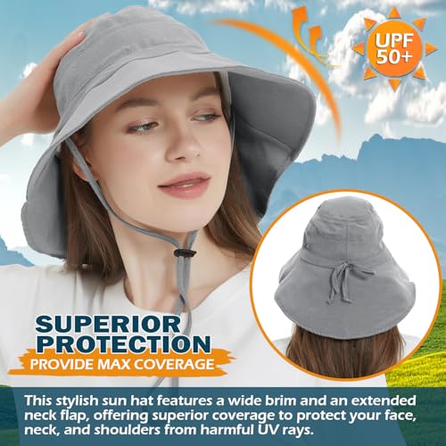 Women's Cotton Sun Hat with Neck Flap, UV Protection Wide Brim Outdoor Hat | Adjustable Fit, Moisture-Wicking & Breathable, Packable & Lightweight for Fishing Hiking Gardening Beach Safari - color: Dark Grey