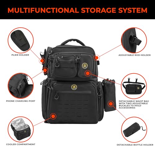 Fishing Backpack with Waterproof Zippers, Detachable waist bag, Cooler compartment – 900D Water-Resistant, Rod Holder, Charging Port, Fits 8 Tackle Boxes, 40L Large Capacity, Outdoor Gear Organizer