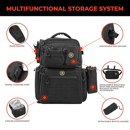 Fishing Backpack with Waterproof Zippers, Detachable waist bag, Cooler compartment – 900D Water-Resistant, Rod Holder, Charging Port, Fits 8 Tackle Boxes, 40L Large Capacity, Outdoor Gear Organizer