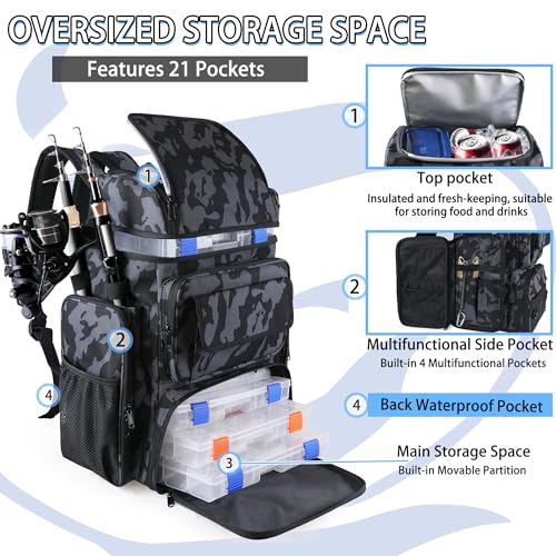 Fishing Backpack with 4 Tackle Boxes, 45L Large Tackle Bag & Fishing Tackle Backpack for Fishing, Camping, Hiking,Camouflage - color: Camouflage(with 4 Boxes)