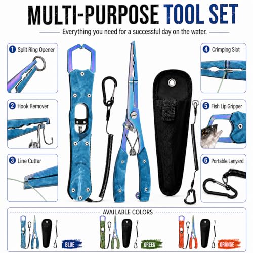 YINEE Fishing Pliers and Fish Lip Gripper Set, Stainless Steel Fishing Gear, Saltwater Hook Remover Split Ring Tool - color: Blue-Fishing Pliers&Fish Lip Grippe