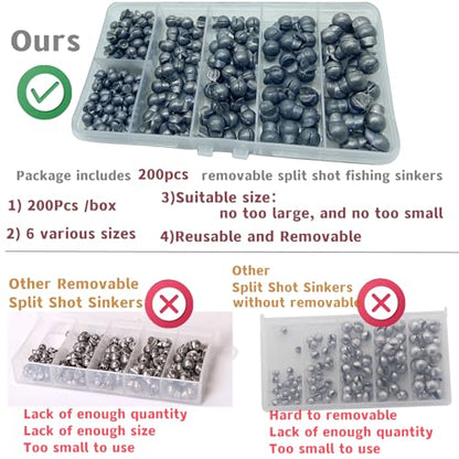 200Pcs/Box Big Size Removable Split Shot Fishing Sinkers(1/7oz,1/9oz,1/10oz,4/50oz,1/25oz,1/50oz Mixed)，Adjust Open Mouth Design Fishing Weights Clip for Freshwater Saltwater