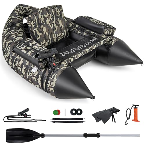 GYMAX Fishing Float Tube, 350LBS Inflatable Belly Boat with Oar, Flippers, Rod Holder, Fish Ruler, Hand Pump & Zipper Storage, Portable Backpack Float Tubes for Fishing - color: Camouflage