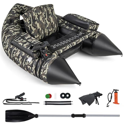 GYMAX Fishing Float Tube, 350LBS Inflatable Belly Boat with Oar, Flippers, Rod Holder, Fish Ruler, Hand Pump & Zipper Storage, Portable Backpack Float Tubes for Fishing - color: Camouflage