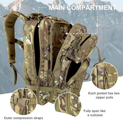 Hannibal Tactical MOLLE Assault Backpack, Tactical Backpack Military Army Camping Rucksack, 3-Day Pack Trip w/USA Flag Patch, D-Rings Cp - color: Camouflage