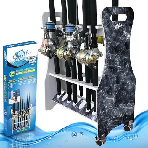 Rush Creek Creations Reel Salty Waterproof Marine Grade 16 Rolling Fishing Rod Holder Dock/Garage Storage Rack, Father's Day Gift, Gift for Dad and Grandpa, Gray/White, 29.8" L x 11.6" W x 30.9" H - style: Rolling Rod Rack
